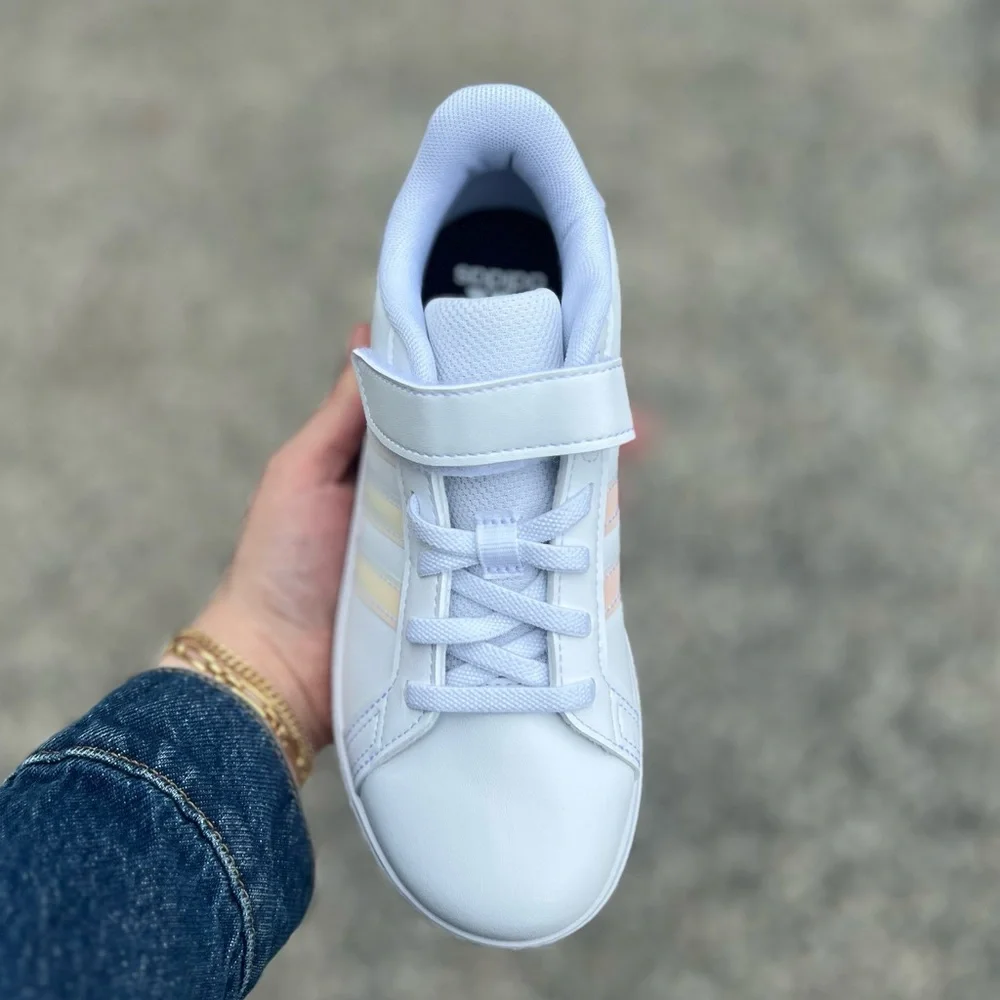 851 | Adidas Grand Court Kids Girls White Sneakers with Iridescent Stripes - Picture 4 of 10